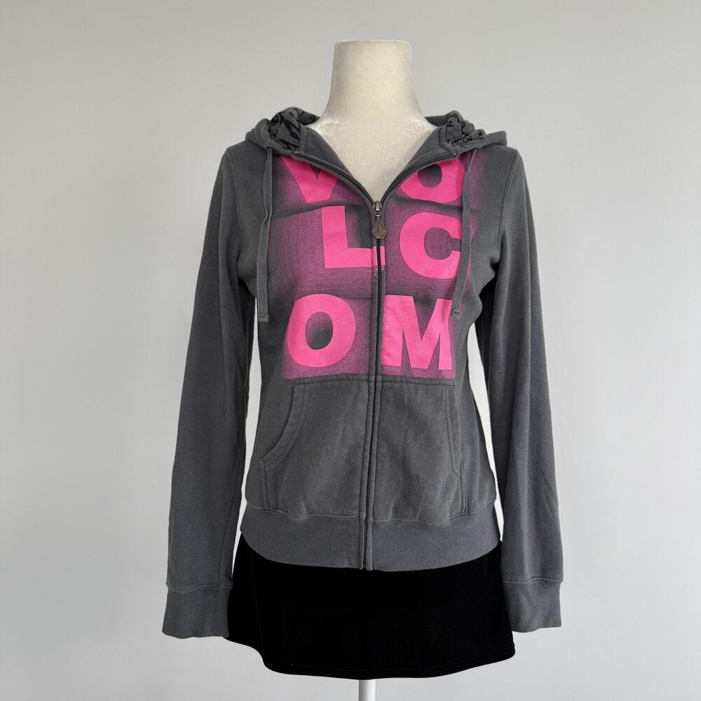 Volcom Hoodie Jacket Womens Small Gray Pink Logo Graphic Glow Stick Zip Fleece